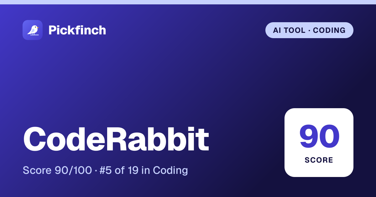CodeRabbit summary card: editorial score 90/100, ranked #5 in Coding, freemium.