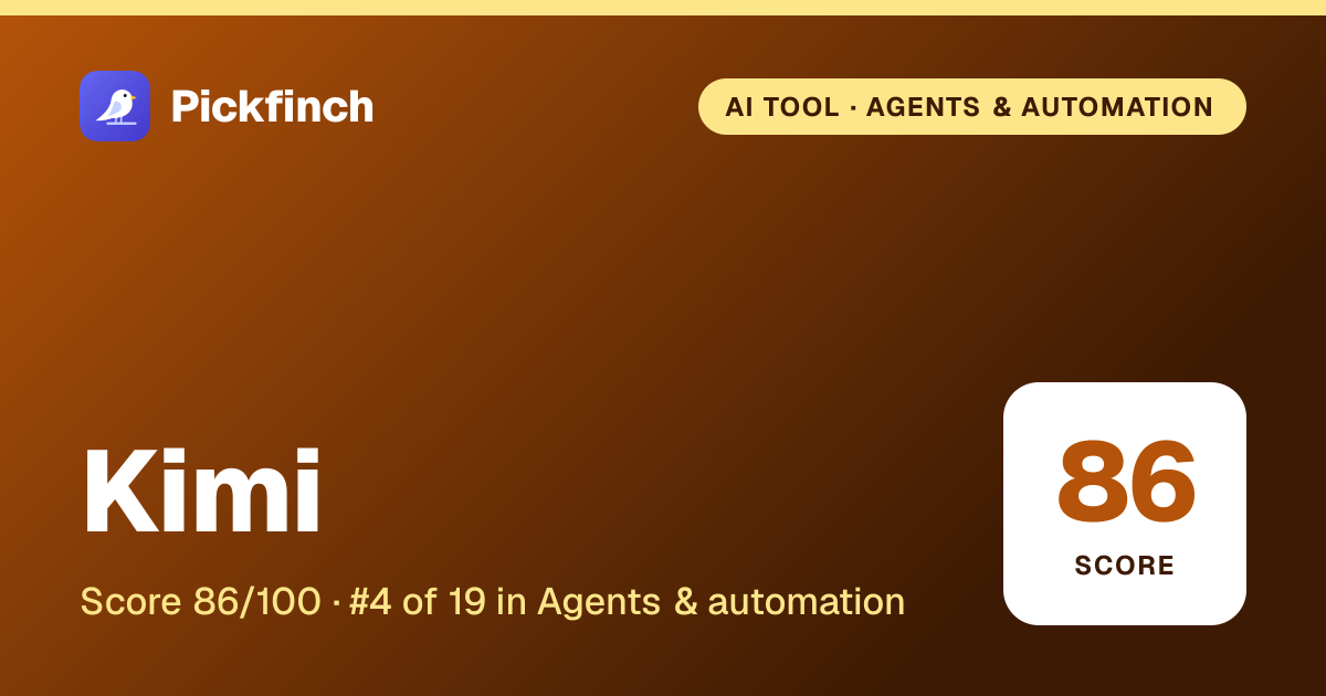 Kimi summary card: editorial score 86/100, ranked #4 in Agents & automation, freemium.