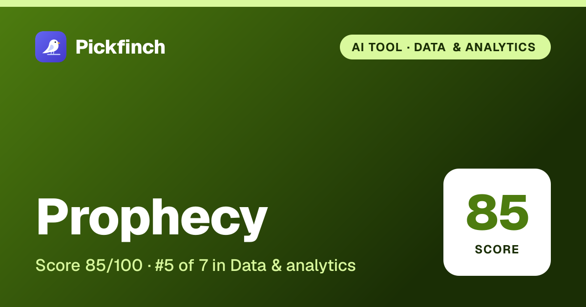 Prophecy summary card: editorial score 85/100, ranked #5 in Data & analytics, freemium.